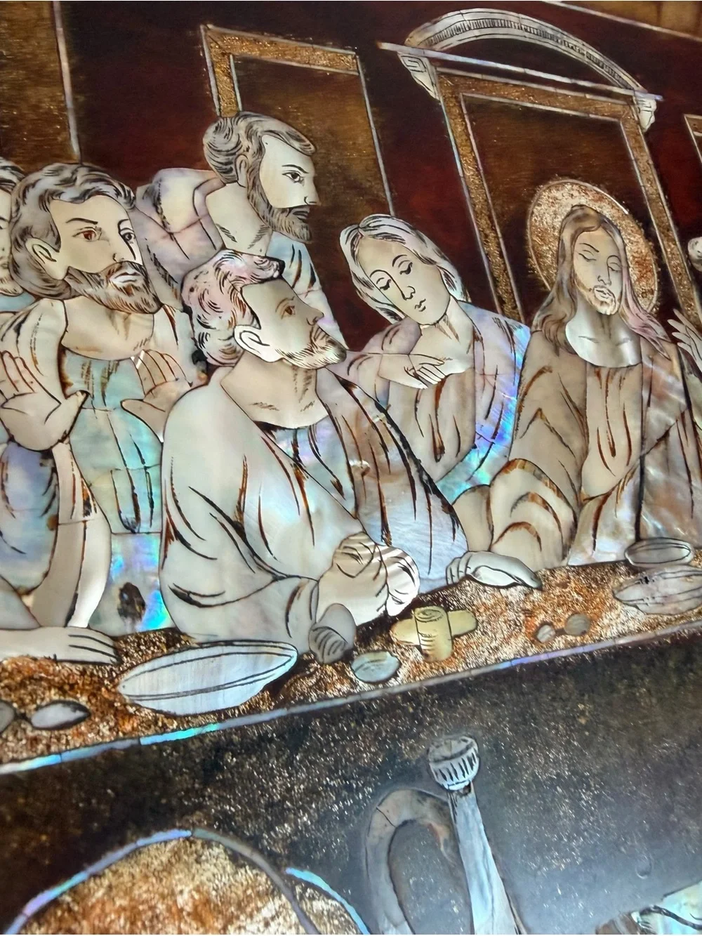 Vintage Mid Century Mother of Pearl Inlaid Jesus Last Supper Resin Plaque Wall